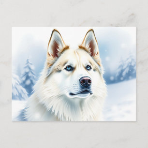 Carte Postale Aquarelle Portrait de Husky Sibérien dans Snowy