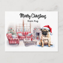 Carte postale aquarelle Pug Joyeux Noël