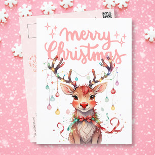 Carte Postale Aquarelle Reindeer Rudolph et feux de Noël