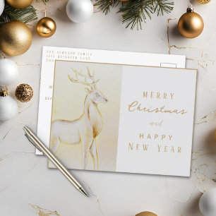 Carte Postale Aquarelle Renne Or Noël Nouvel An