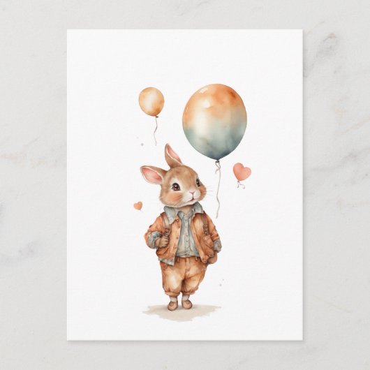 Carte Postale Aquarelle rétro Petit garçon lapin avec ballons (Devant)