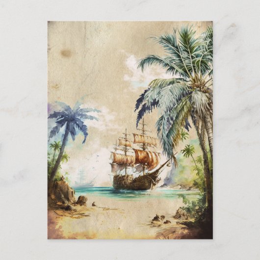 Carte Postale Aquarelle Rétro Pirate Bateau Palmiers vieux papie (Devant)
