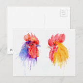 Carte Postale aquarelle Rooster Portrait deux costers (Devant / Derrière)