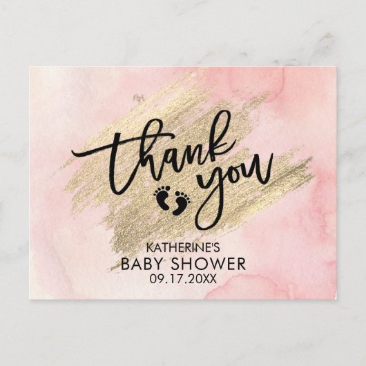 Carte Postale Aquarelle rose Baby shower à brosse or (Devant)