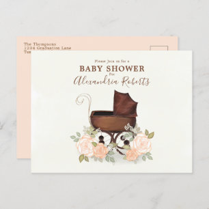 Carte Postale Aquarelle rose baby shower Élégant buggy florale