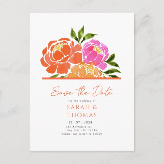 Carte Postale Aquarelle Rose Chaud Orange Floral Enregistrer La (Devant)