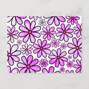 Carte Postale Aquarelle rose Doodle Daisy Motif Fleur