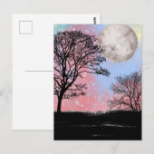 Carte Postale Aquarelle Rose Et Bleu Ciel Arbres Et Lune (Devant / Derrière)