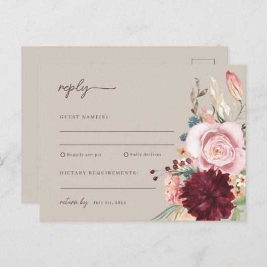Carte Postale Aquarelle rose et jaune Mariage floral RSVP (Devant / Derrière)