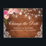 Carte Postale Aquarelle Rose Floral Bois Confitures Modifier La<br><div class="desc">Aquarelle moderne Elégante Rose Blush Floral Change La Carte Postponement Date Mariage présente des roses roses et de la verdure sur le bois rustique avec des lumières à cordes de bocal de mason et dentelle.</div>