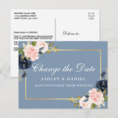 Carte Postale Aquarelle rose Floral Dusty Blue Modifier La Date (Devant / Derrière)