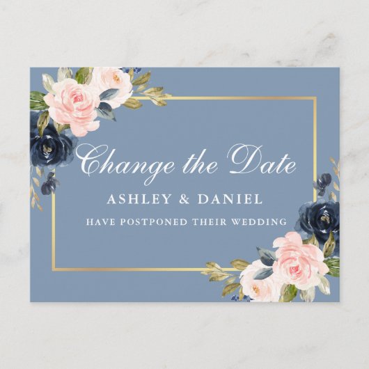 Carte Postale Aquarelle rose Floral Dusty Blue Modifier La Date (Devant)