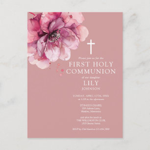 Carte Postale Aquarelle rose Floral First Holy Communion Invitat