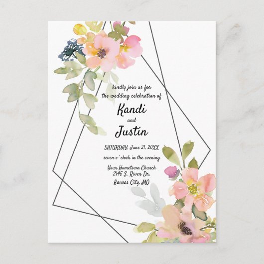 Carte Postale Aquarelle rose Floral Mariage géométrique (Devant)