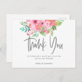 Carte Postale Aquarelle rose Flores feuille Merci calligraphie (Devant / Derrière)