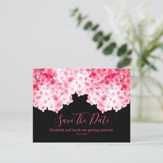 Carte Postale Aquarelle rose Hydrangée Enregistrer la date (Debout devant)