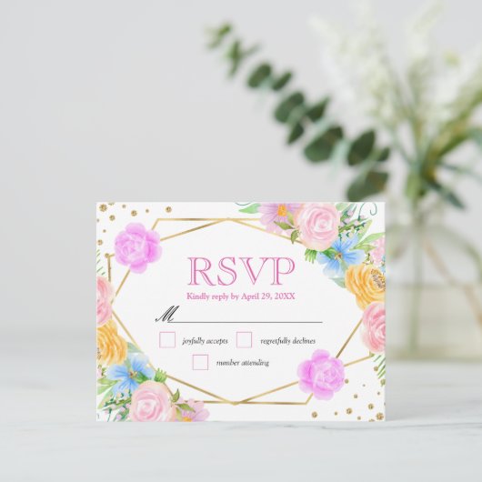 Carte Postale Aquarelle rose jaune bleu Mariage (Debout devant)