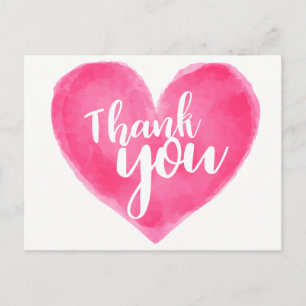 Carte Postale Aquarelle rose Merci de coeur rouge - Amour Mariag