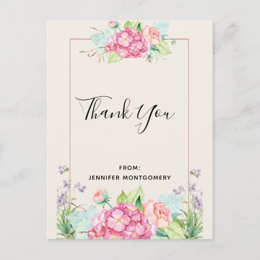 Carte Postale Aquarelle rose moderne Bouquet de fleurs Merci (Devant)