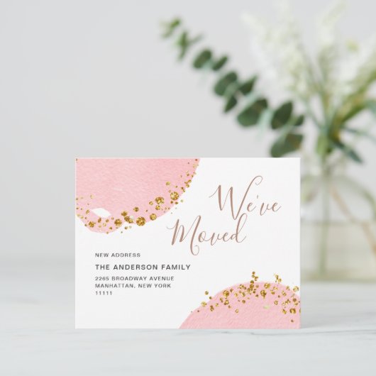 Carte Postale Aquarelle rose or Faire-part de déplacement (Debout devant)