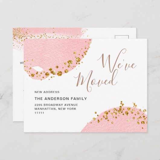 Carte Postale Aquarelle rose or Faire-part de déplacement (Devant / Derrière)