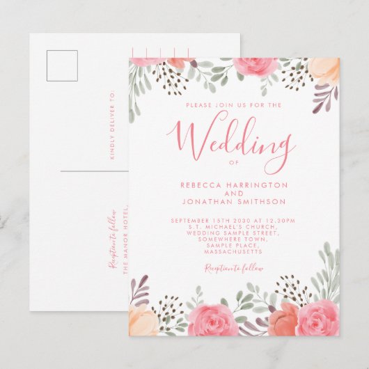 Carte Postale Aquarelle rose pâle Floral Rose Mariage Inviter (Devant / Derrière)
