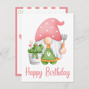 Carte Postale Aquarelle rose pâle Jardin Gnome Anniversaire