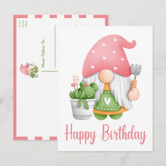Carte Postale Aquarelle rose pâle Jardin Gnome Anniversaire (Devant / Derrière)
