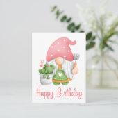 Carte Postale Aquarelle rose pâle Jardin Gnome Anniversaire (Debout devant)