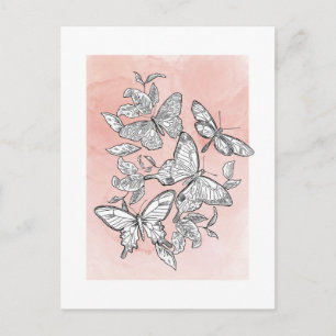 Carte Postale Aquarelle rose Papillons esquissés
