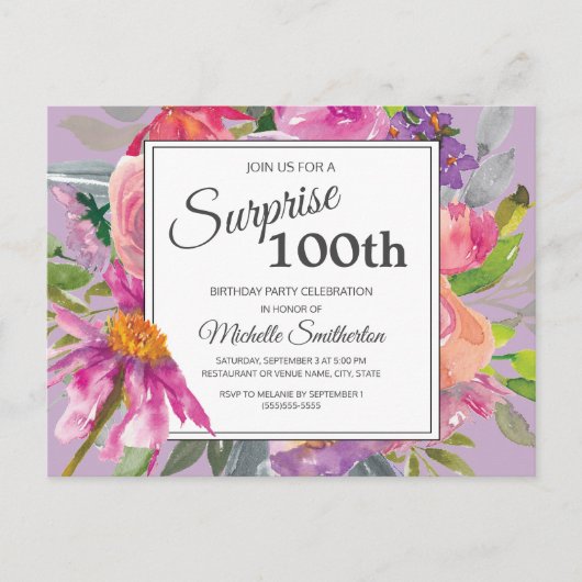 Carte Postale Aquarelle rose pourpre Floral 100e anniversaire (Devant)
