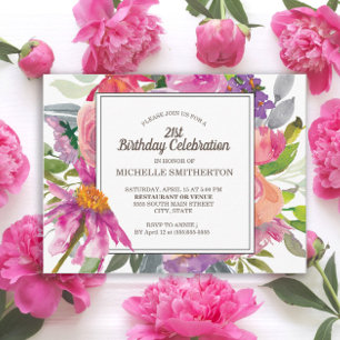 Carte Postale Aquarelle rose pourpre Floral 21e fête d'anniversa