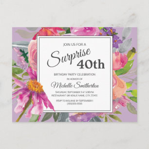 Carte Postale Aquarelle rose pourpre Floral 40e anniversaire