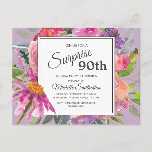Carte Postale Aquarelle rose pourpre Floral 90e anniversaire (Devant)