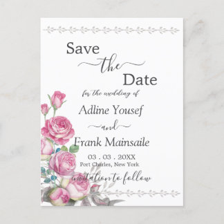 Carte Postale Aquarelle rose rose Enregistrer la date