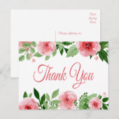 Carte Postale Aquarelle Rose Rose Merci Floral (Devant / Derrière)