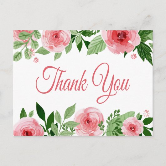 Carte Postale Aquarelle Rose Rose Merci Floral (Devant)