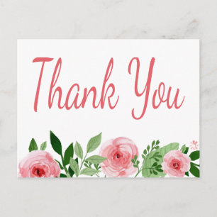 Carte Postale Aquarelle Rose Rose Merci Floral
