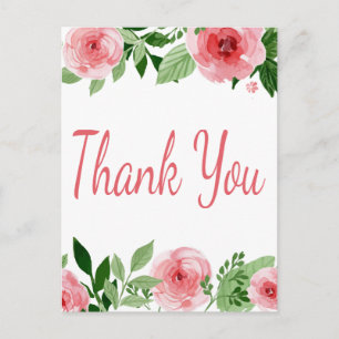 Carte Postale Aquarelle Rose Rose Merci Floral