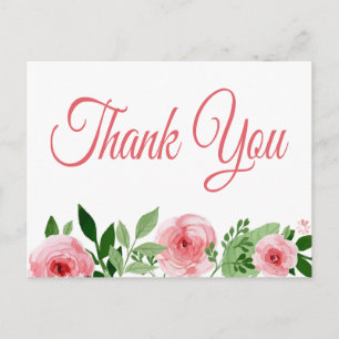 Carte Postale Aquarelle Rose Rose Merci Floral