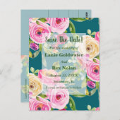 Carte Postale Aquarelle Rose rose sur Turquoise Enregistrer la d (Devant / Derrière)