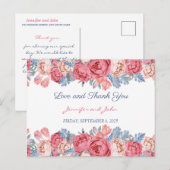 Carte Postale Aquarelle rose Roses Chic Merci Mariage (Devant / Derrière)