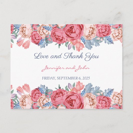 Carte Postale Aquarelle rose Roses Chic Merci Mariage (Devant)