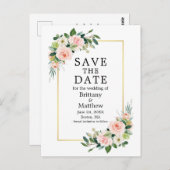 Carte Postale Aquarelle Rose Roses Or Cadre Enregistrer La Date (Devant / Derrière)