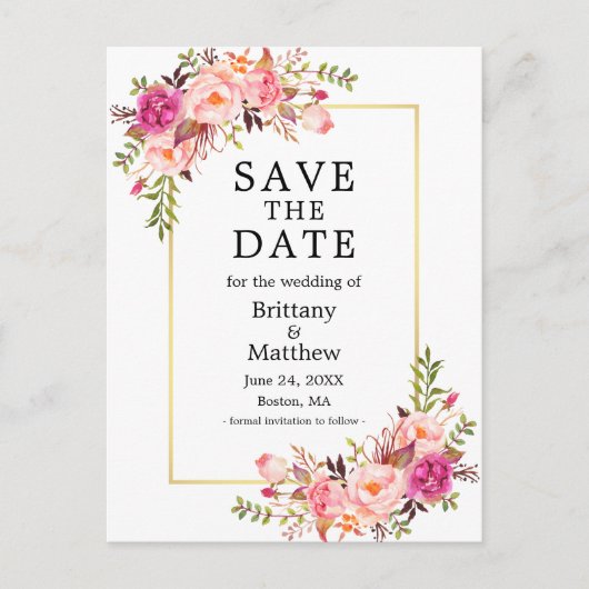 Carte Postale Aquarelle Rose Roses Or Cadre Enregistrer La Date (Devant)