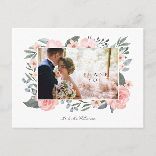 Carte Postale Aquarelle Rose & Sage Mariage Merci de verdure (Devant)