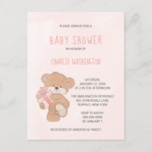 Carte Postale Aquarelle rose simple Baby shower ours en peluche