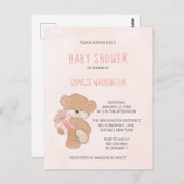 Carte Postale Aquarelle rose simple Baby shower ours en peluche (Devant / Derrière)