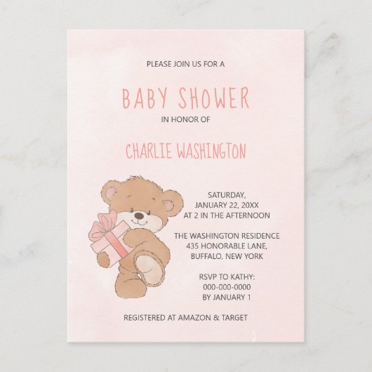 Carte Postale Aquarelle rose simple Baby shower ours en peluche (Devant)