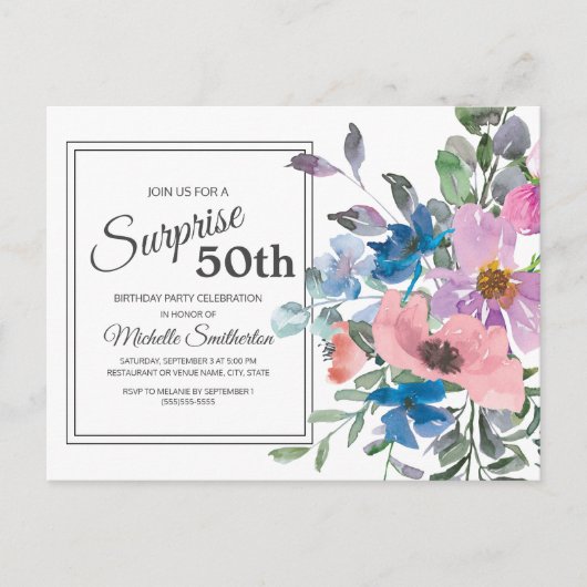 Carte Postale Aquarelle rose violet 50e anniversaire Floral (Devant)